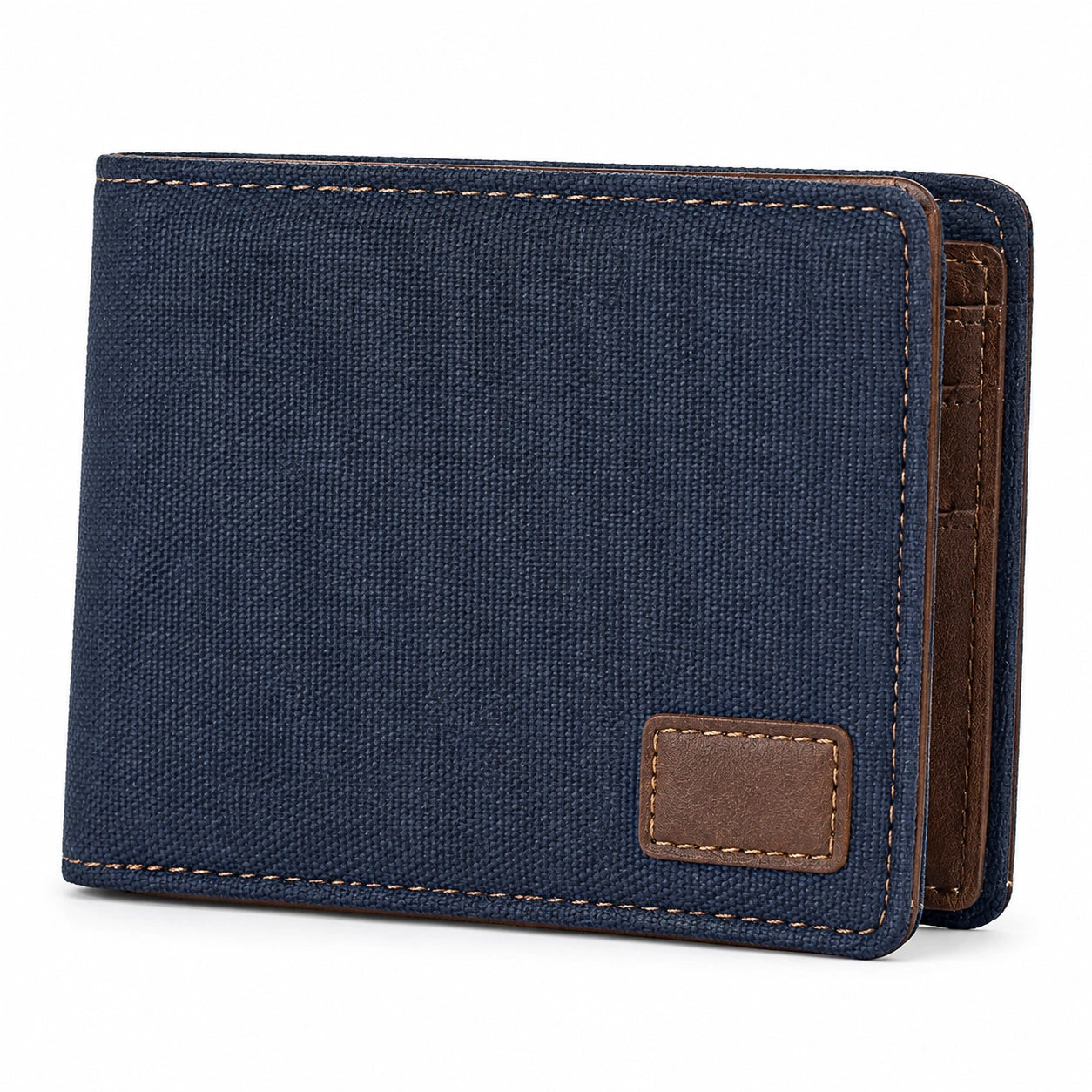 Portefeuille pliant 12 x 9 x 2 cm en textile bleu marine et marron pour cartes et billets