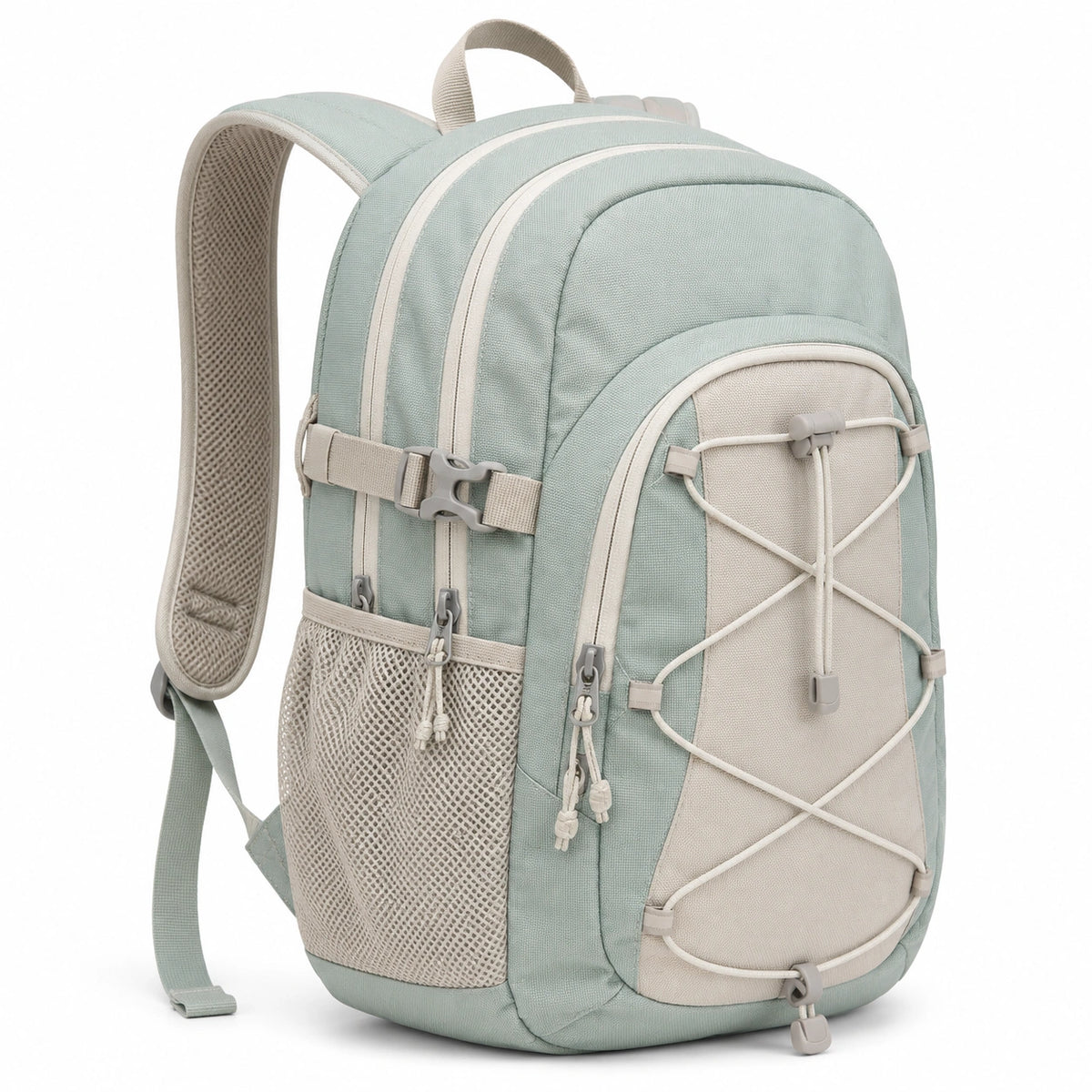 Sac à dos 30 x 18 x 45 cm en tissu synthétique vert d'eau et beige avec rangements zippés