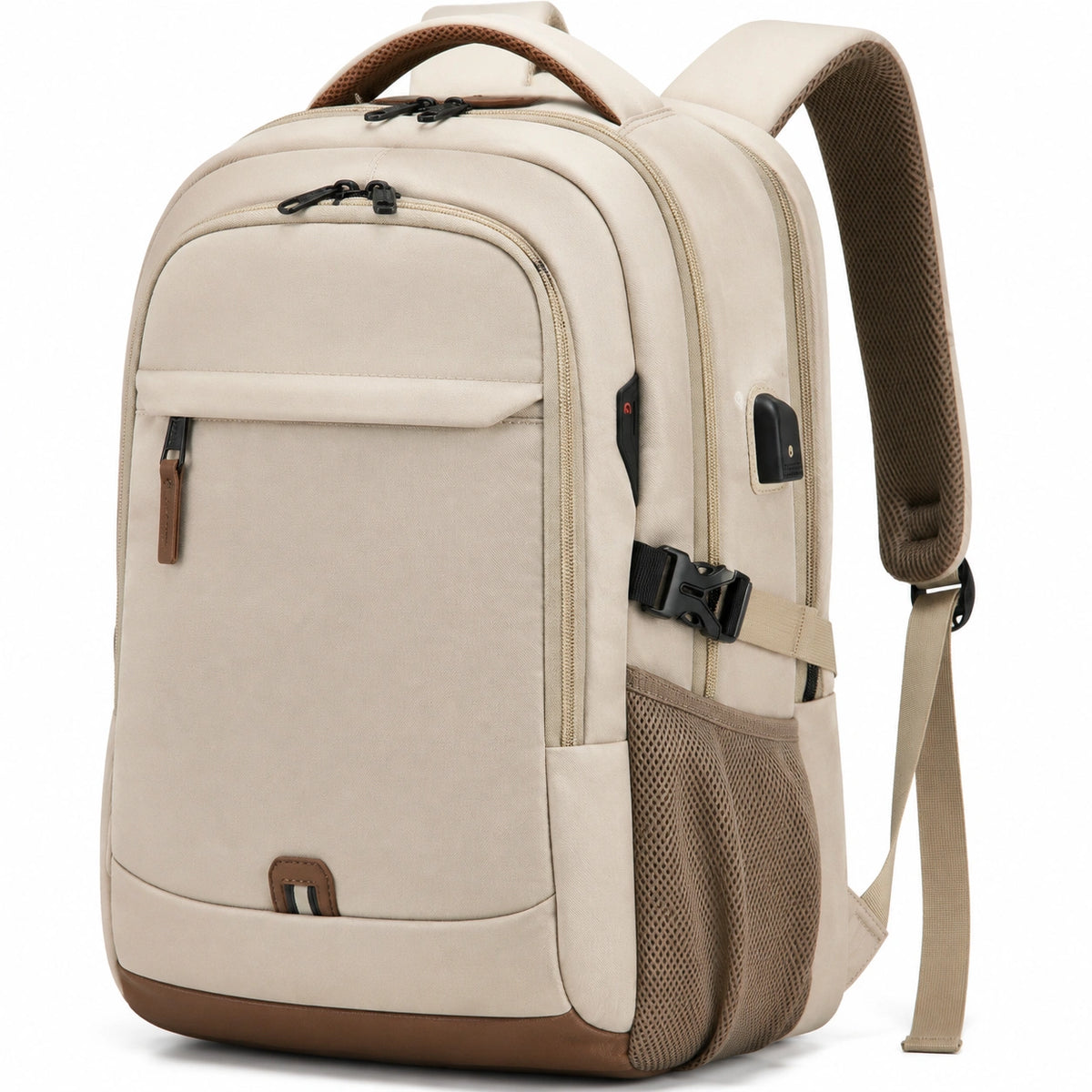Sac à dos 32 x 18 x 46 cm en tissu synthétique beige et marron avec port USB pour ordinateur et voyage