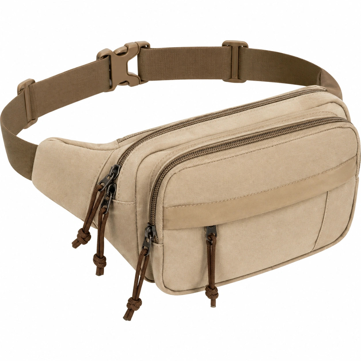 Sac banane 32 cm en textile beige à multiples compartiments style utilitaire
