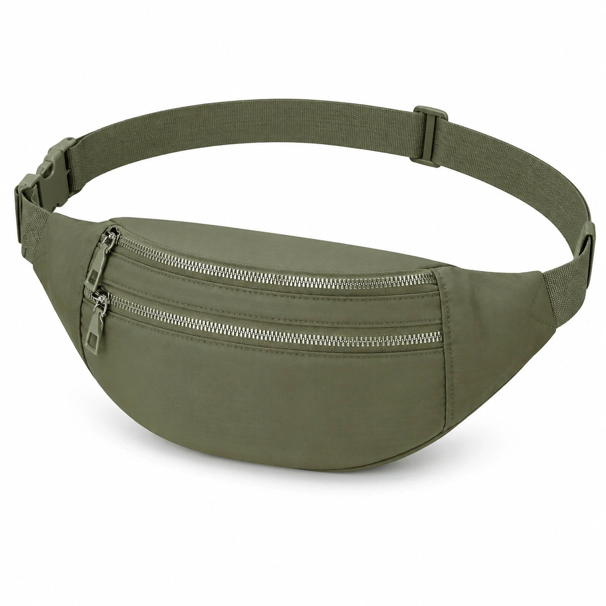Sac banane 30 cm en tissu synthétique vert kaki avec sangle réglable et poches zippées