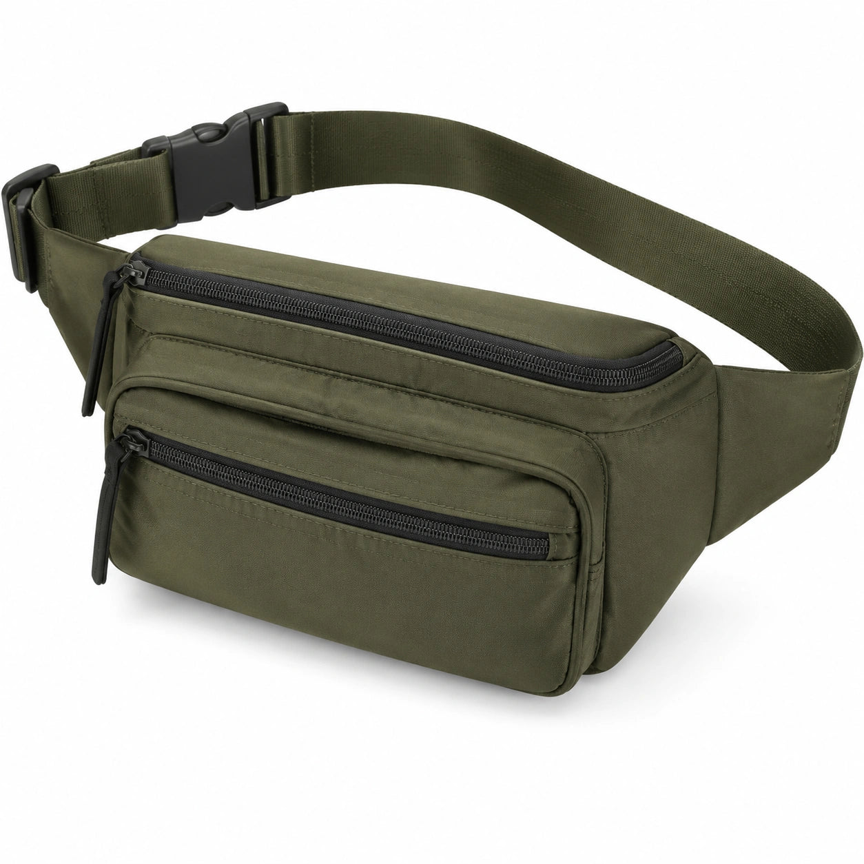 Sac banane 30 x 15 x 12 cm en tissu vert kaki à poches zippées pour usage quotidien