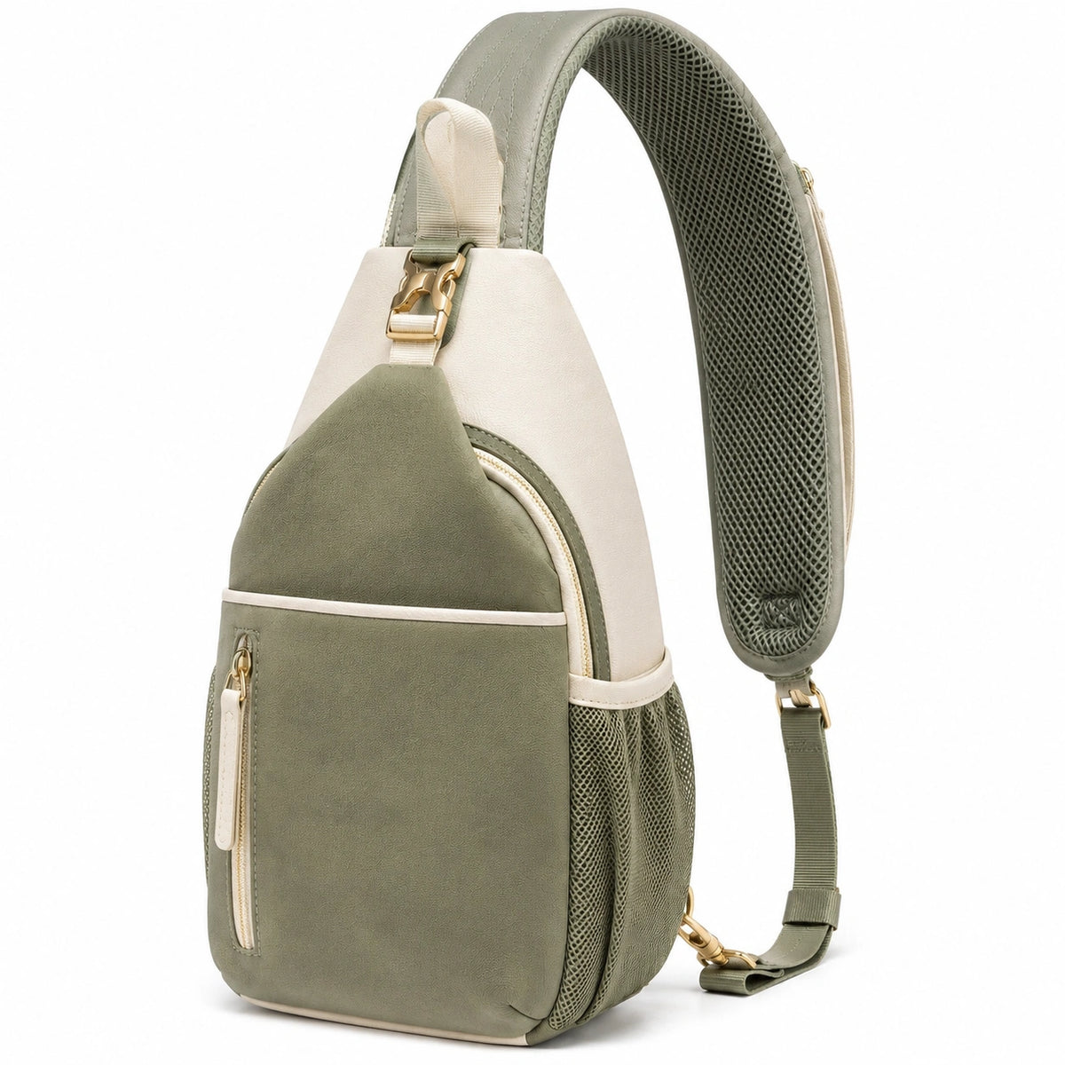Sac à dos bandoulière 30 x 18 x 8 cm en similicuir vert kaki et beige avec poches zippées