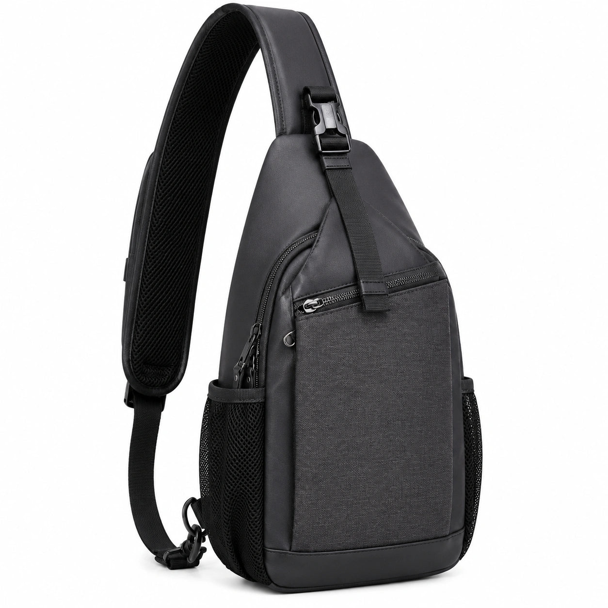Sac bandoulière 18 x 10 x 32 cm en similicuir noir avec poches zippées