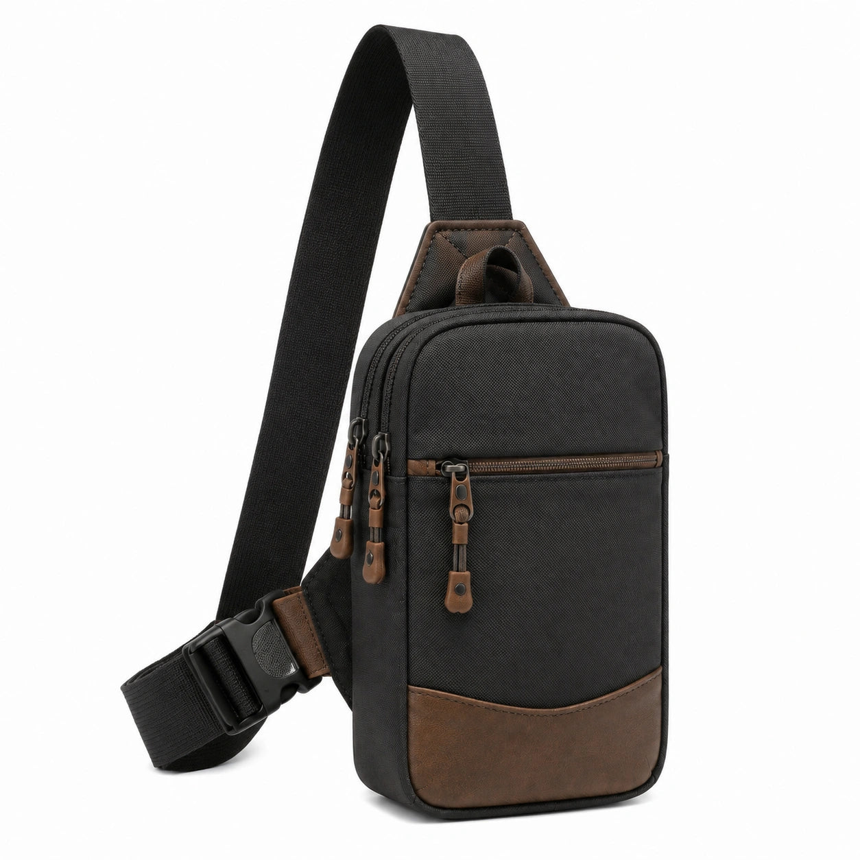 Sac bandoulière 18 x 8 x 31 cm en textile noir et marron avec poches zippées pour usage quotidien