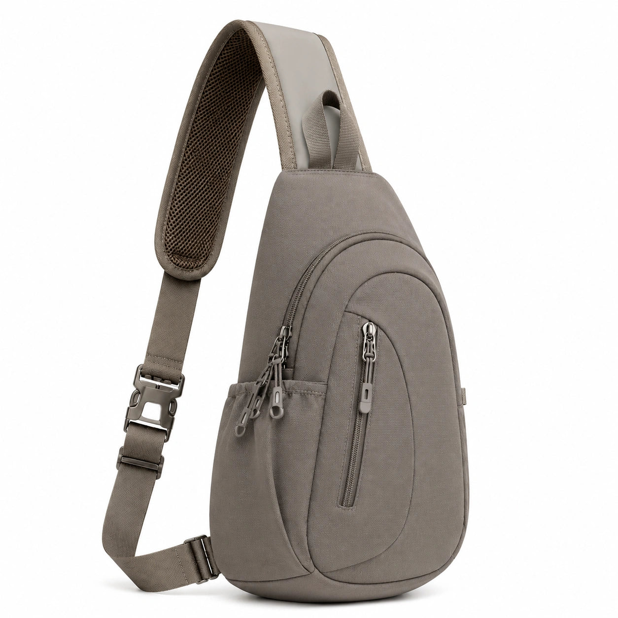 Sac bandoulière 18 x 8 x 32 cm en tissu synthétique taupe à compartiments zippés