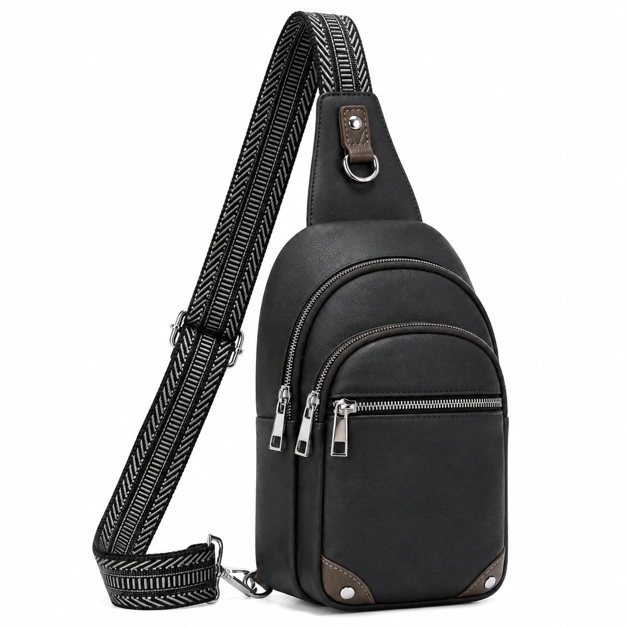Sac bandoulière 18 x 8 x 32 cm en simili cuir noir style urbain à poches zippées