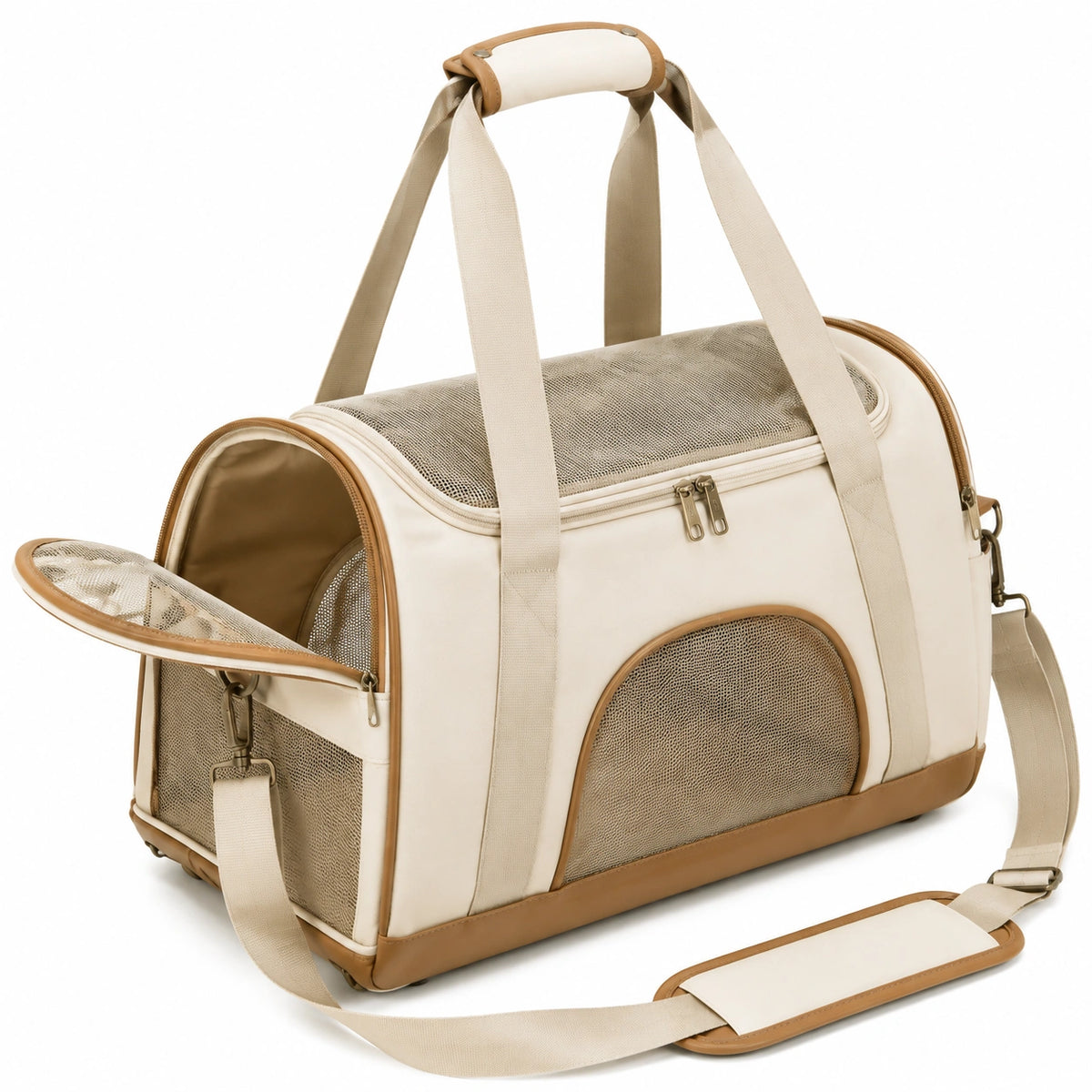 Sac de transport pour animaux 45 x 25 x 30 cm beige en textile avec panneaux en maille respirante