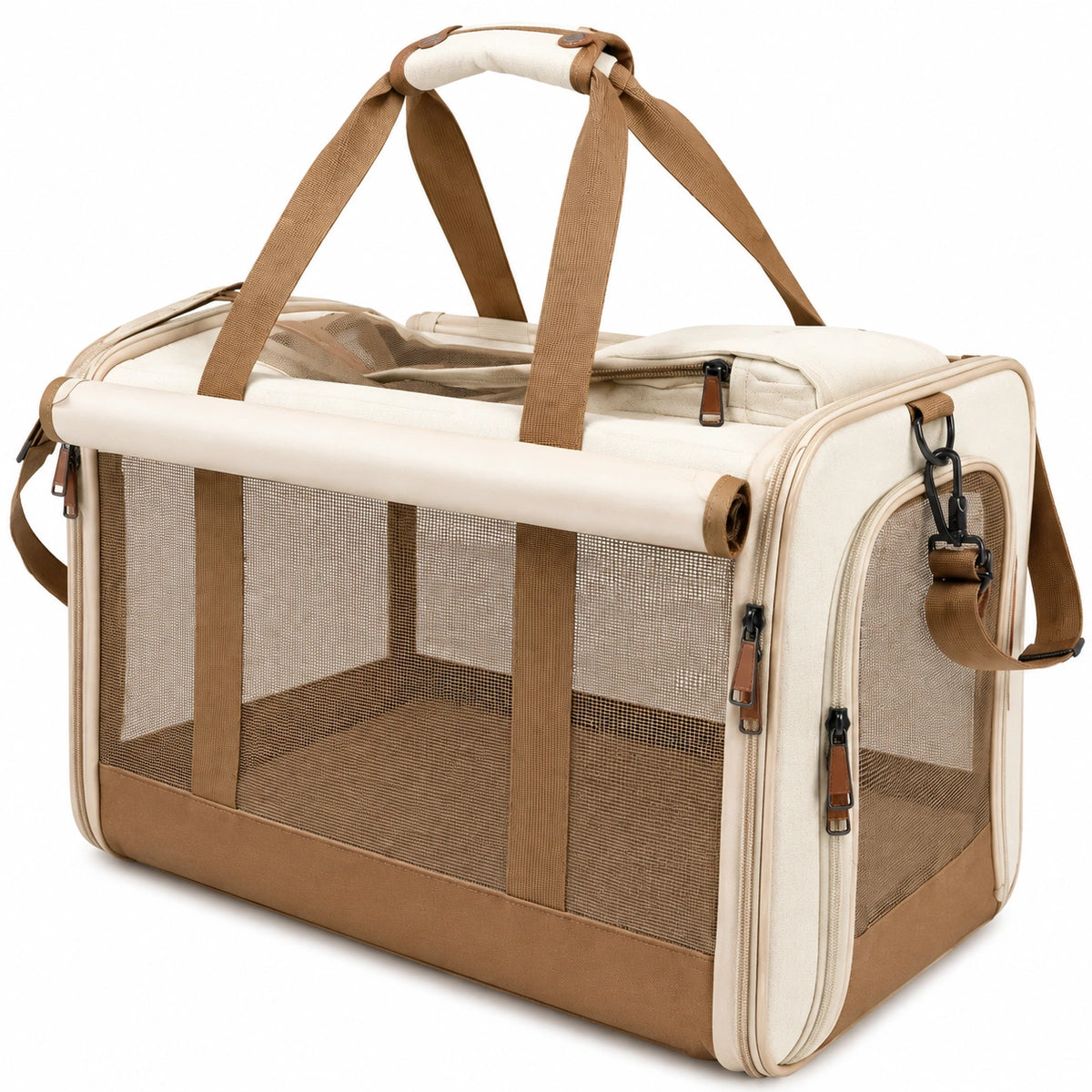 Sac de transport pour animaux 50 x 30 x 32 cm en polyester beige et marron avec panneaux en maille pliable