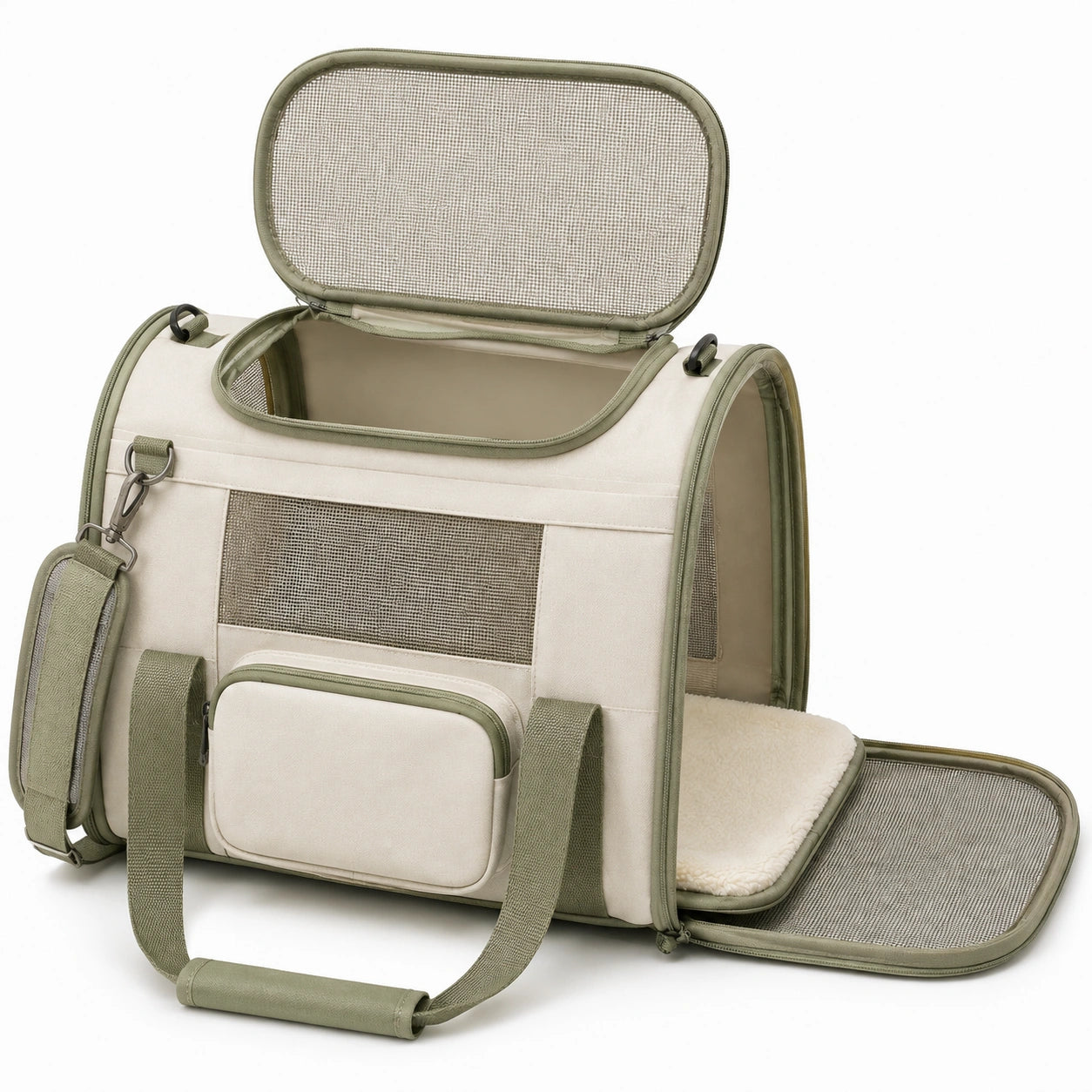 Sac de transport pour animaux 42 x 28 x 30 cm en tissu beige et vert avec panneaux en maille extensible