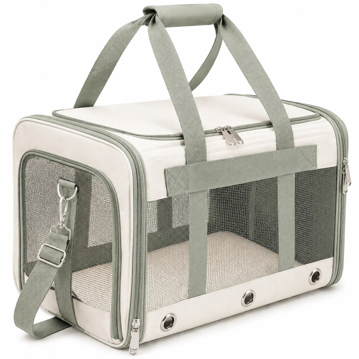 Sac de transport pour animaux 45 x 28 x 28 cm en tissu et maille vert sauge et beige avec bandoulière