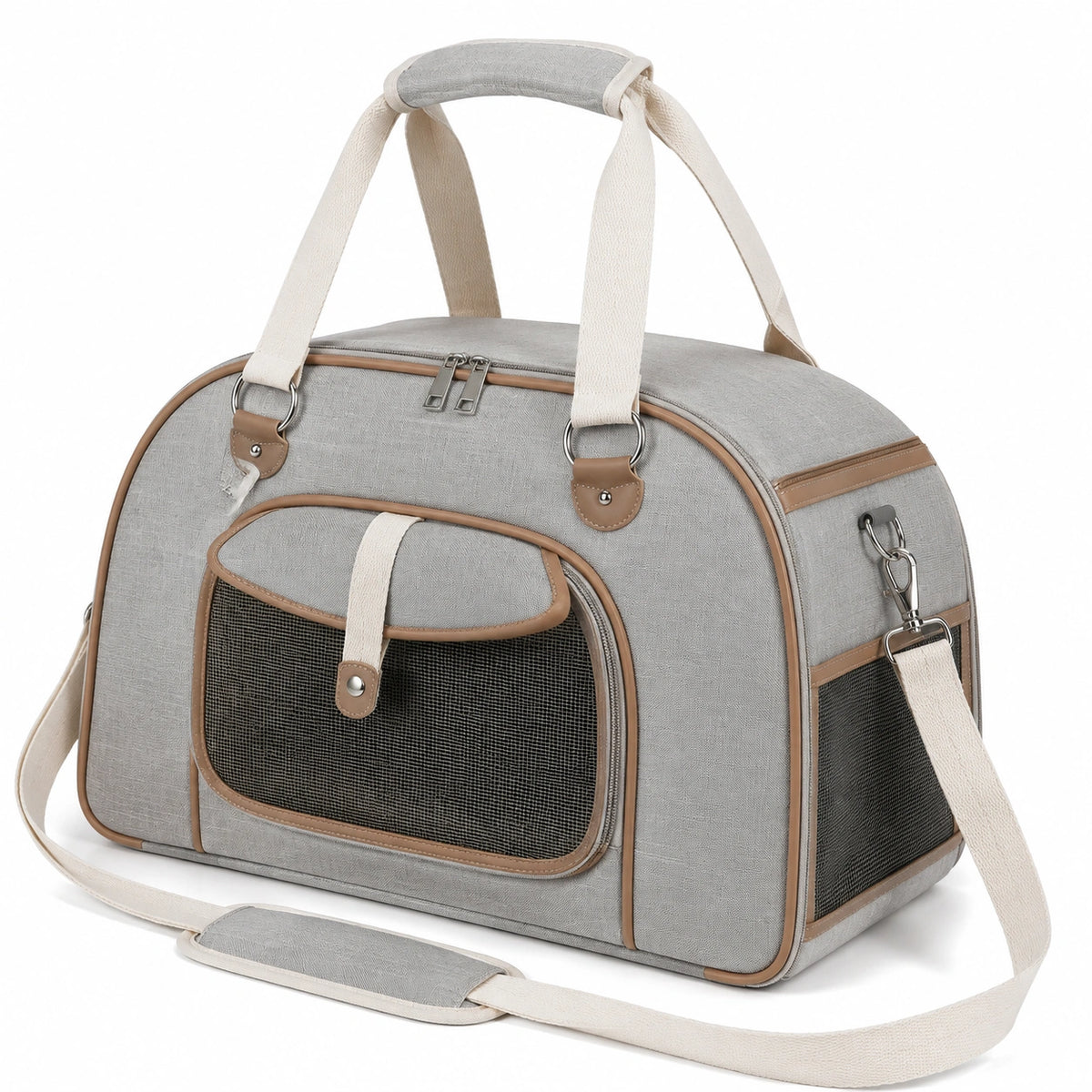 Sac de transport pour animal 45 x 28 x 30 cm en tissu gris avec maille et bandoulière