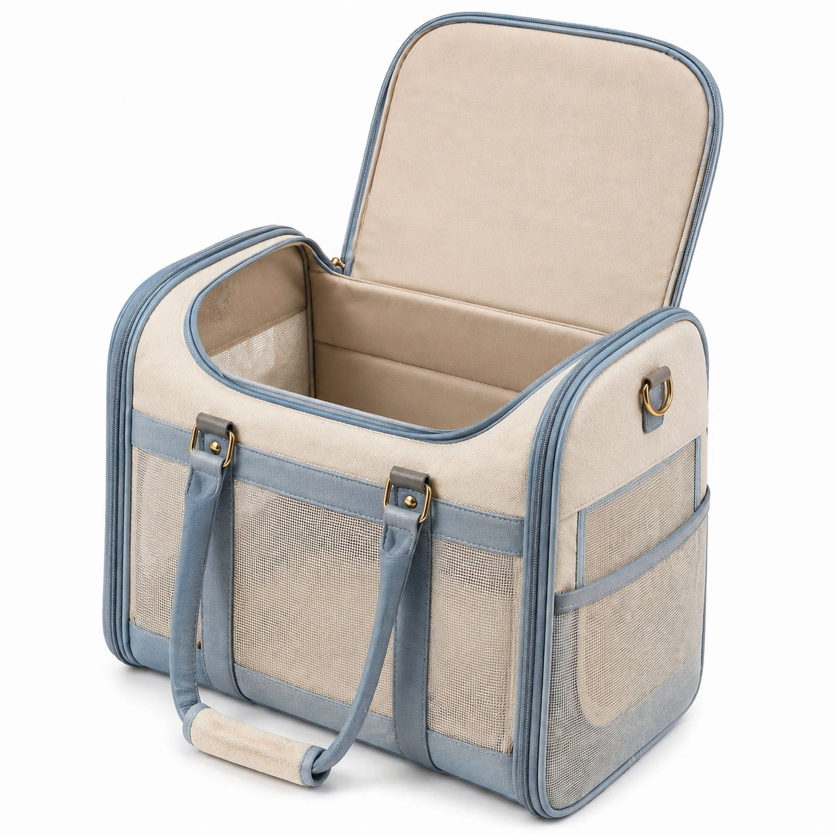 Sac de transport pour animal 45 x 28 x 32 cm en tissu beige bleu gris ventilé
