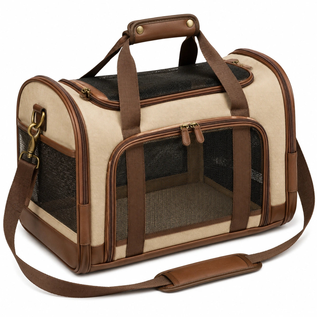 Sac de transport pour animal 45 x 28 x 30 cm en toile beige et marron avec maille aérée