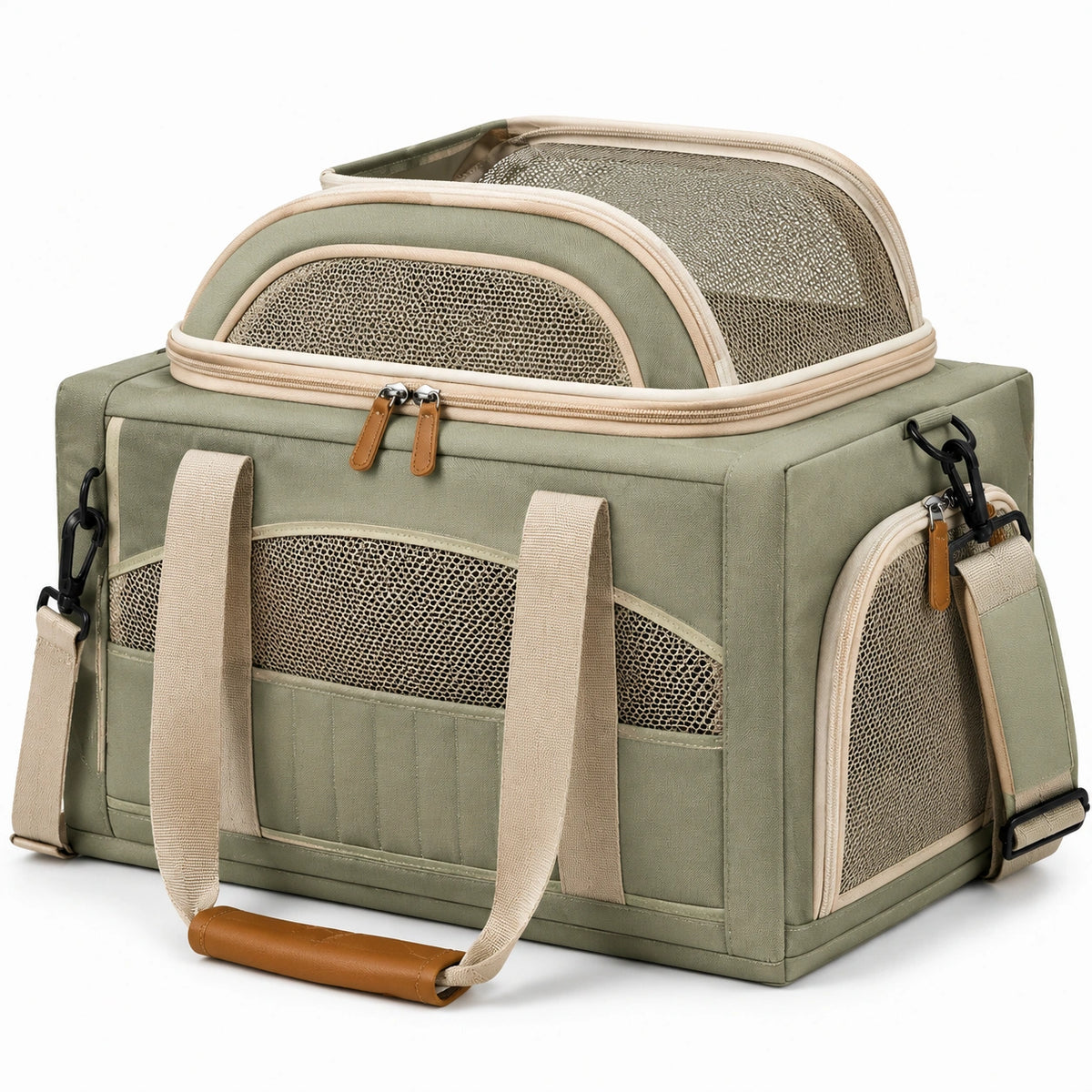 Sac de transport pour animaux 45 x 28 x 30 cm en textile vert kaki et maille respirante avec bandoulière