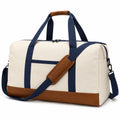 Sac de voyage 50 x 25 x 30 cm en toile écrue bleu marine et marron avec bandoulière amovible