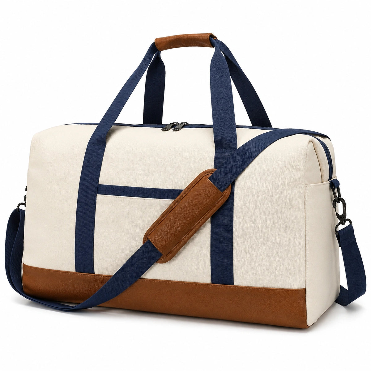 Sac de voyage 50 x 25 x 30 cm en toile écrue bleu marine et marron avec bandoulière amovible