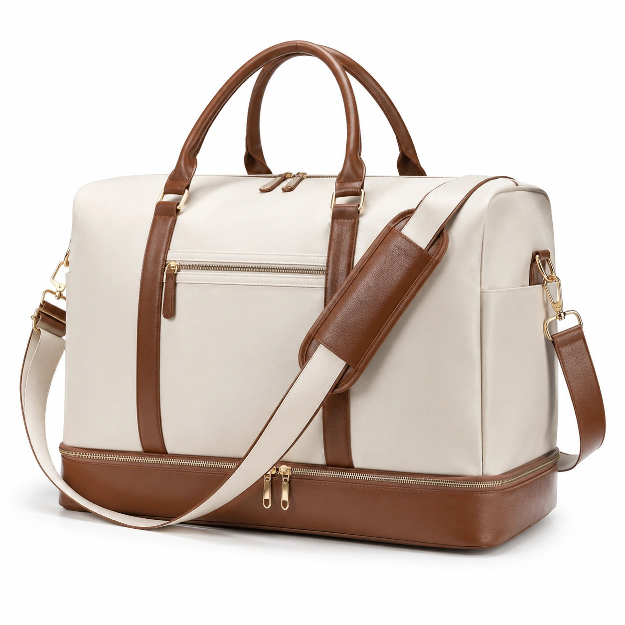 Sac de voyage 50 x 25 x 30 cm en similicuir beige et marron à compartiments zippés