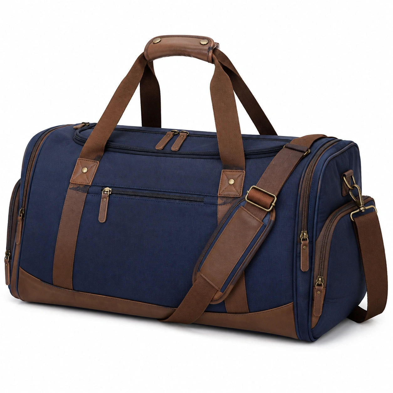 Sac de voyage 55 cm en tissu bleu marine et marron à bandoulière