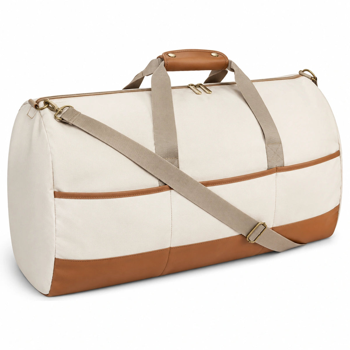 Sac de voyage 50 x 25 x 28 cm en toile beige et similicuir marron avec bandoulière réglable