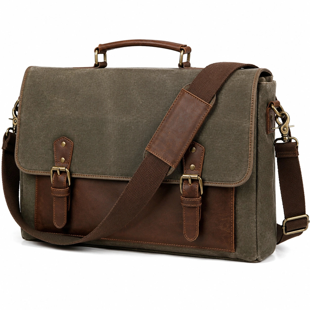 Sac messager 40 x 12 x 30 cm en toile vert kaki et similicuir marron style vintage pour ordinateur