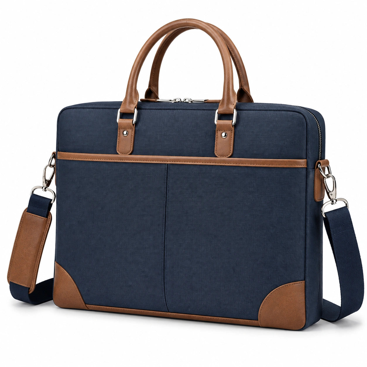 Sacoche ordinateur 40 x 30 x 8 cm textile bleu marine similicuir marron avec bandoulière