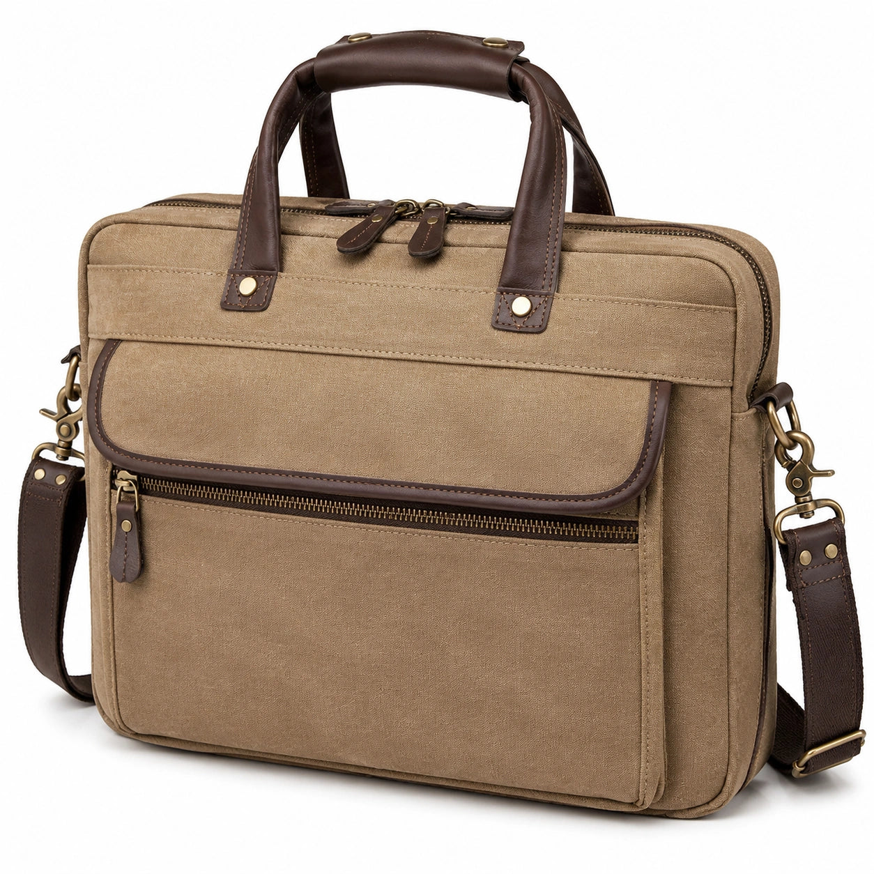 Sac ordinateur 40 cm en toile beige et similicuir marron style vintage